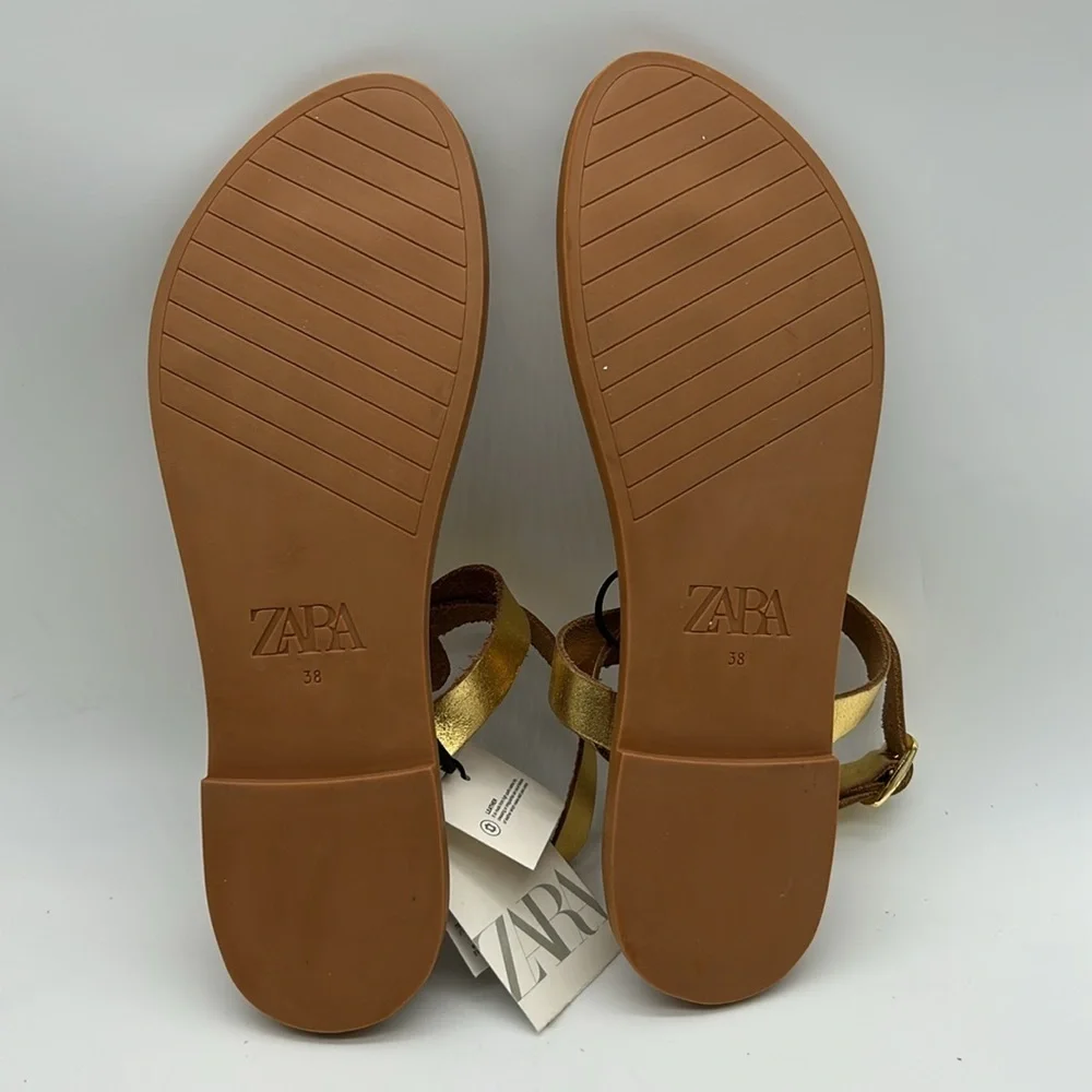 ZARA Gold Leather Thong Flat Sandals | Size 7.5 | Made in India NWT - Picture 8 of 11